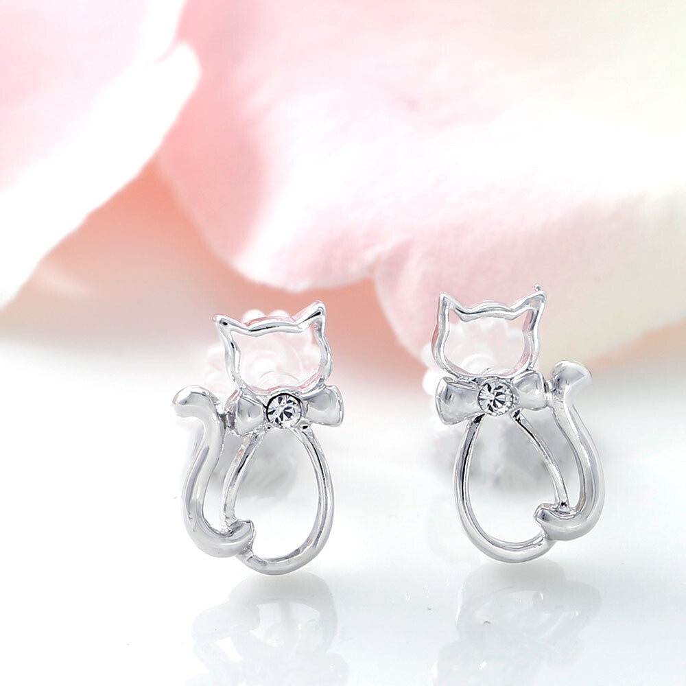 Cat-shaped Silver Frame with Crystal Glass Stud Earrings [made in Japan]