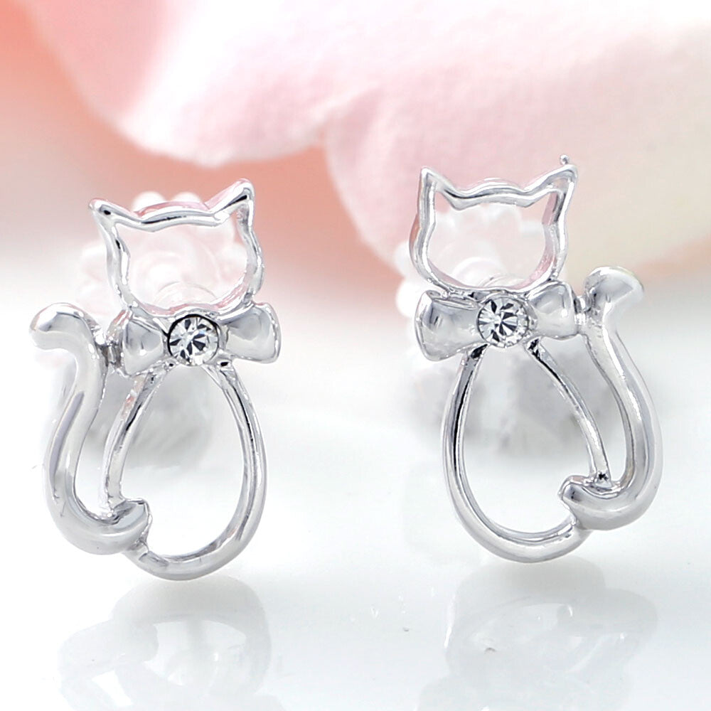 Cat-shaped Silver Frame with Crystal Glass Stud Earrings [made in Japan]