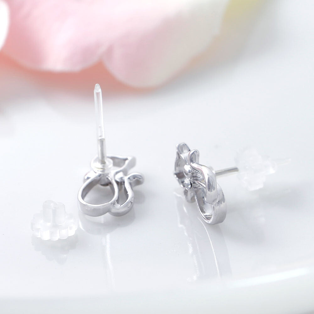 Cat-shaped Silver Frame with Crystal Glass Stud Earrings [made in Japan]