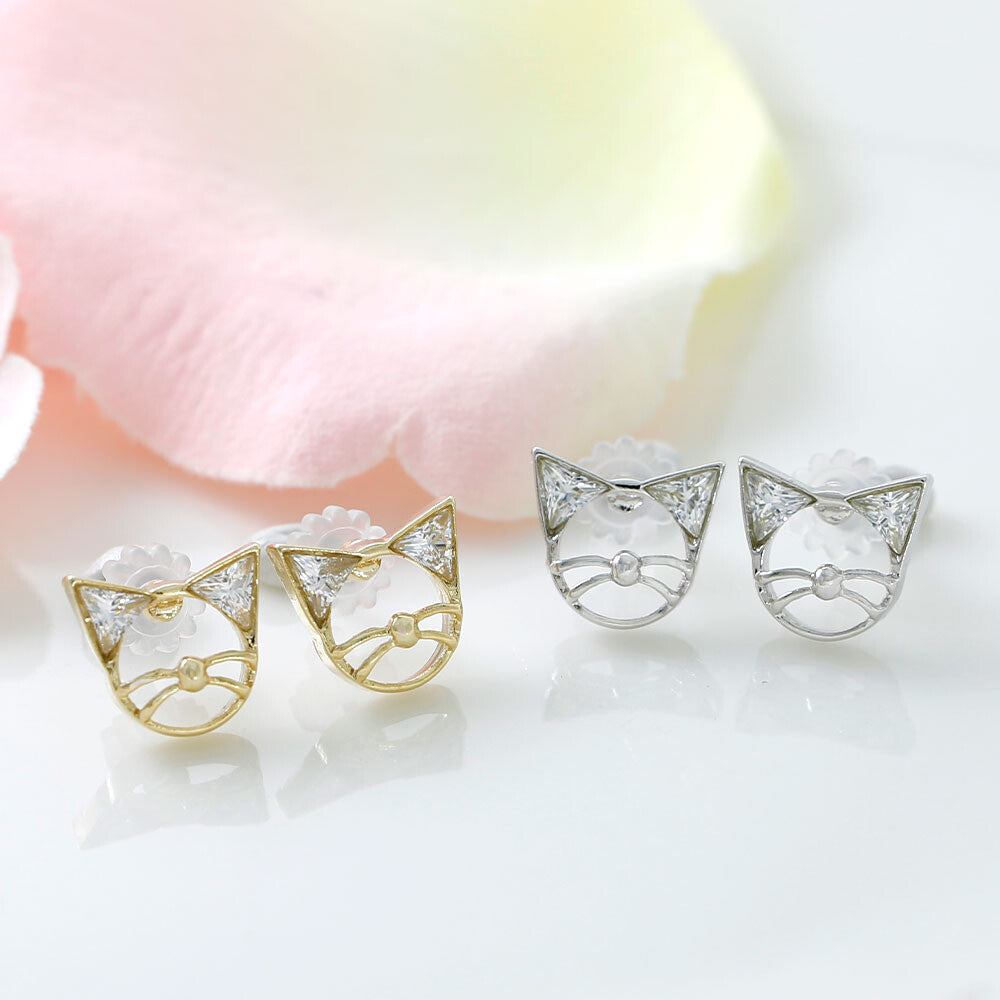 Cat Face-shaped Gold Frame with Crystal Glass Stud Earrings [made in Japan]