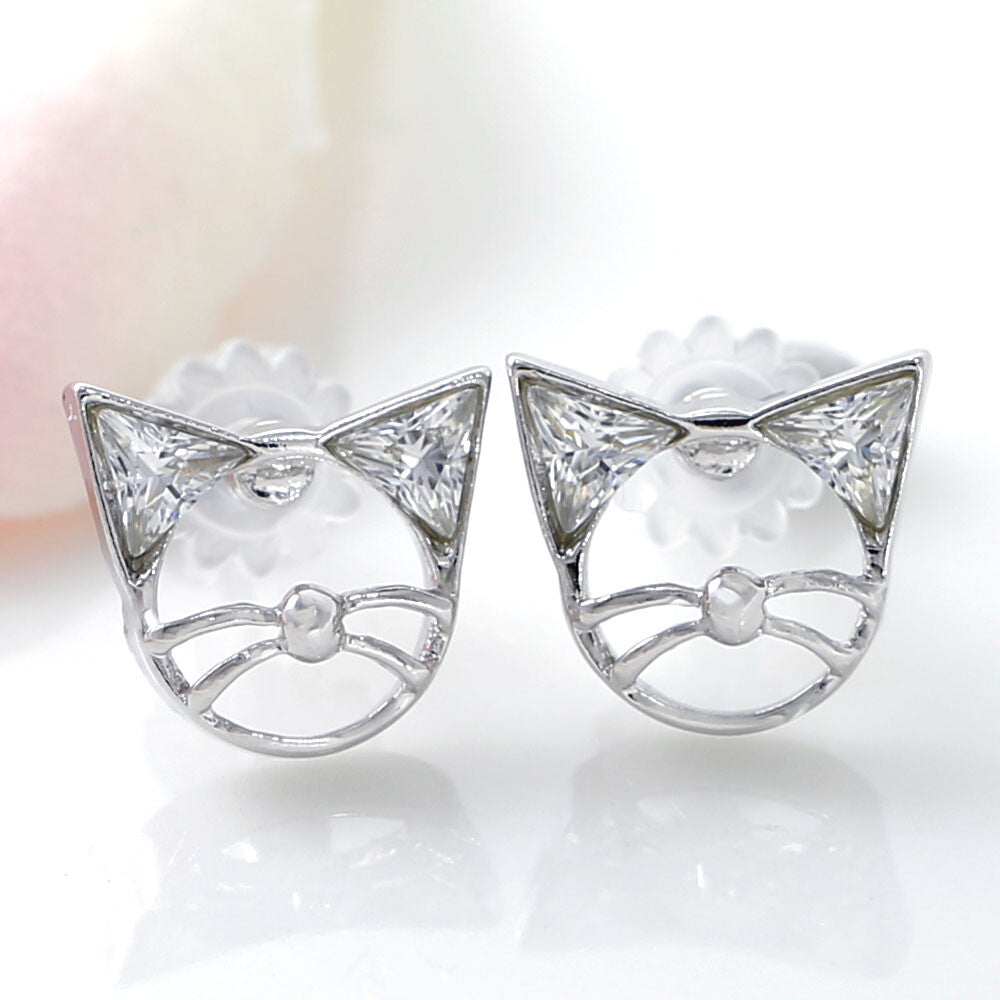 Cat Face-shaped Silver Frame with Crystal Glass Stud Earrings [made in Japan]