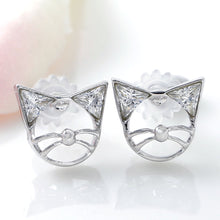 Cat Face-shaped Silver Frame with Crystal Glass Stud Earrings [made in Japan]