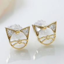 Cat Face-shaped Gold Frame with Crystal Glass Stud Earrings [made in Japan]