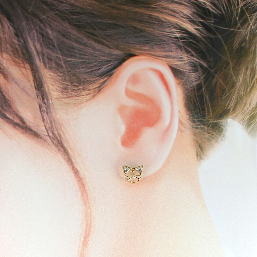Cat Face-shaped Gold Frame with Crystal Glass Stud Earrings [made in Japan]