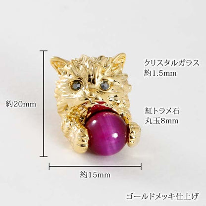 Cat-shaped Brooch with Natural Red Tiger Eye Stone & Crystal Glass Gold Plating [made in Japan]
