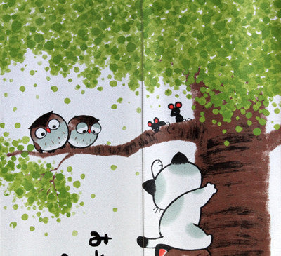 Japanese Noren Doorway Curtain Tapestry Cats Climbing a Tree and Owls made in Japan 170cm