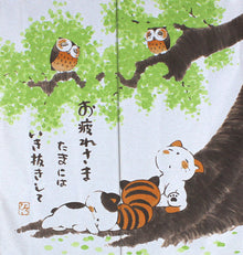 Japanese Noren Curtain – “Take a Break, You’ve Earned It” Cats & Owls Relaxing Design