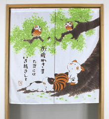Japanese Noren Curtain – “Take a Break, You’ve Earned It” Cats & Owls Relaxing Design