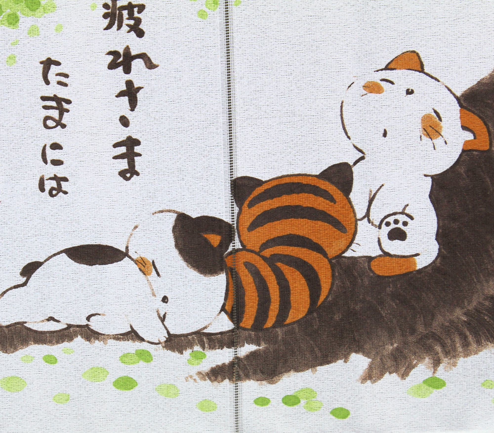 Japanese Noren Curtain – “Take a Break, You’ve Earned It” Cats & Owls Relaxing Design