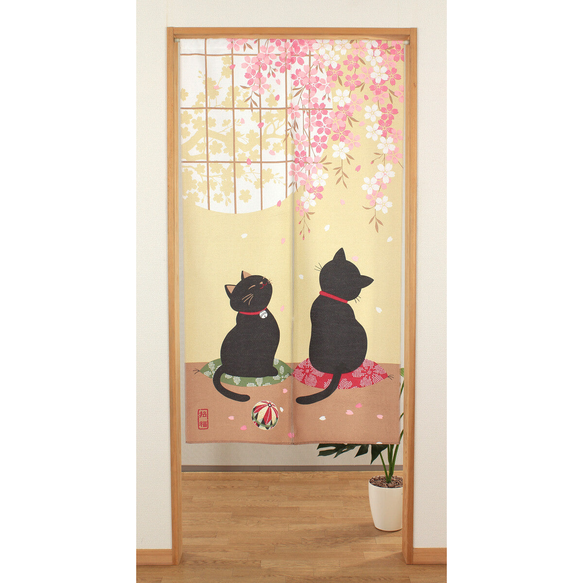Japanese Noren Curtain – Lucky Cats with Sakura Blossom HANAMI Design
