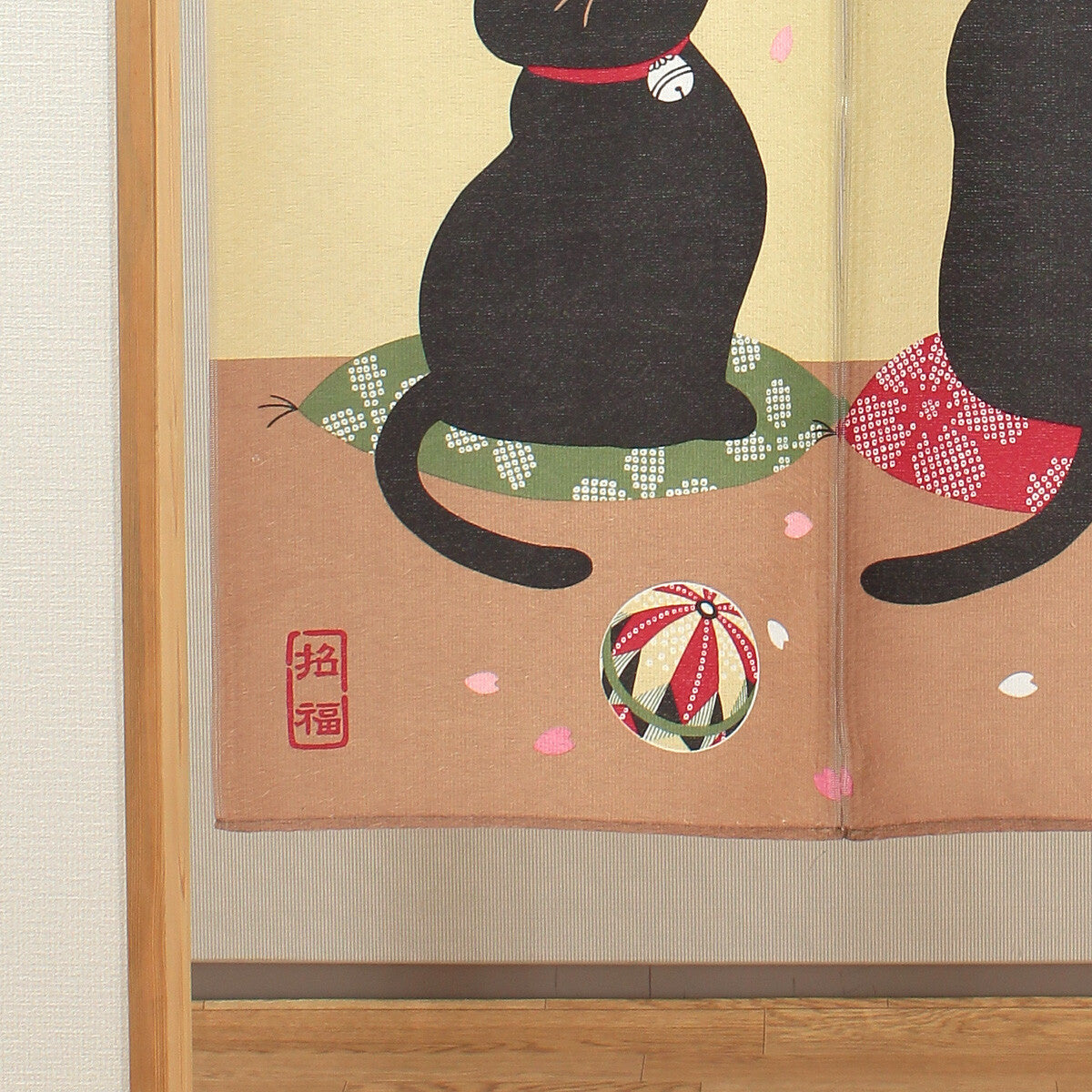 Japanese Noren Curtain – Lucky Cats with Sakura Blossom HANAMI Design