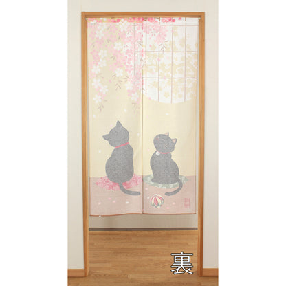 Japanese Noren Curtain – Lucky Cats with Sakura Blossom HANAMI Design