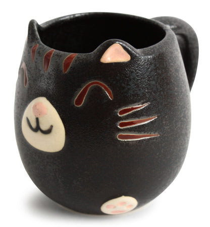 Mino ware Japanese Pottery Mug Cup Cat Shape Matte Black made in Japan