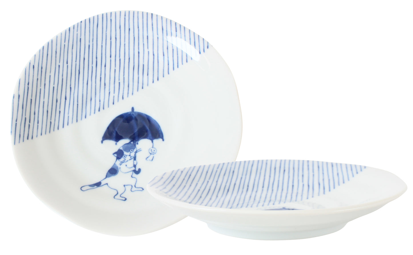 【2pcs set】Mino ware Japanese Ceramics Pair Round Plate 6.5in Japanese Cat with umbrella Tokusa pattern (set of two) made in Japan (Large Flat)