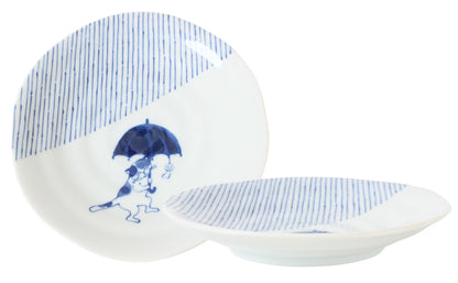 【2pcs set】Mino ware Japanese Ceramics Pair Round Plate 6.5in Japanese Cat with umbrella Tokusa pattern (set of two) made in Japan (Large Flat)