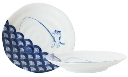 【2pcs set】Mino ware Japanese Ceramics Pair Round Plate 6.5in Japanese Cat Fishing Seigaiha pattern (set of two) made in Japan (Large Flat)