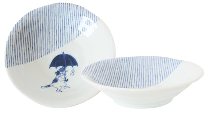 【2pcs set】Mino ware Japanese Ceramics Pair Round Plate 6.5in Japanese Cat with umbrella Tokusa pattern (set of two) made in Japan (Medium Deep)