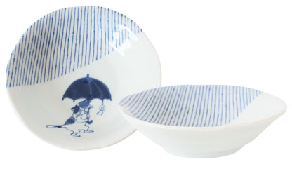 【2pcs set】Mino ware Japanese Ceramics Pair Round Plate 5.4in Japanese Cat with umbrella Tokusa pattern (set of two) made in Japan (Small Deep)
