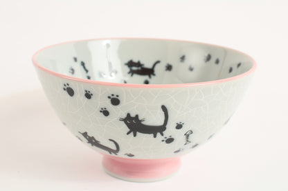 【2pcs set】Mino ware Japanese Ceramics Pair Rice Bowl Pink & Blue Black Cat Walking made in Japan