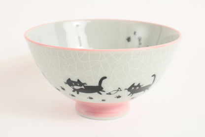 【2pcs set】Mino ware Japanese Ceramics Pair Rice Bowl Pink & Blue Black Cat Walking made in Japan