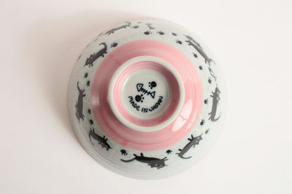 【2pcs set】Mino ware Japanese Ceramics Pair Rice Bowl Pink & Blue Black Cat Walking made in Japan
