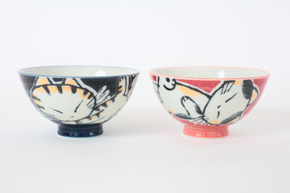 【2pcs set】Mino ware Japanese Ceramics Pair Rice Bowl Red & Blue Tabby Cat made in Japan