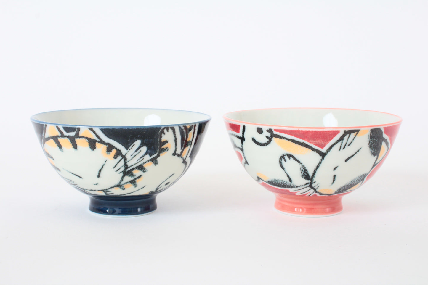 【2pcs set】Mino ware Japanese Ceramics Pair Rice Bowl Red & Blue Tabby Cat made in Japan