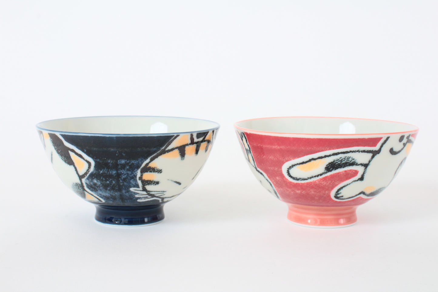 【2pcs set】Mino ware Japanese Ceramics Pair Rice Bowl Red & Blue Tabby Cat made in Japan