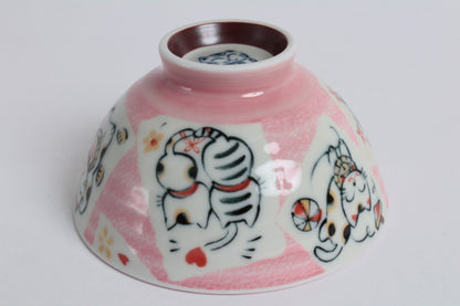 Mino ware Japanese Ceramics Rice Bowl Manekineko Koban Cat Pink made in Japan