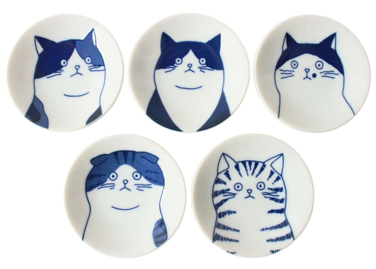 Mino ware Japan Ceramics Mini Round Plate / Dish Set of Five Japanese Cats Faces