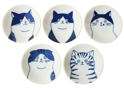 Mino ware Japan Ceramics Mini Round Plate / Dish Set of Five Japanese Cats Faces