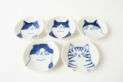 Mino ware Japan Ceramics Mini Round Plate / Dish Set of Five Japanese Cats Faces