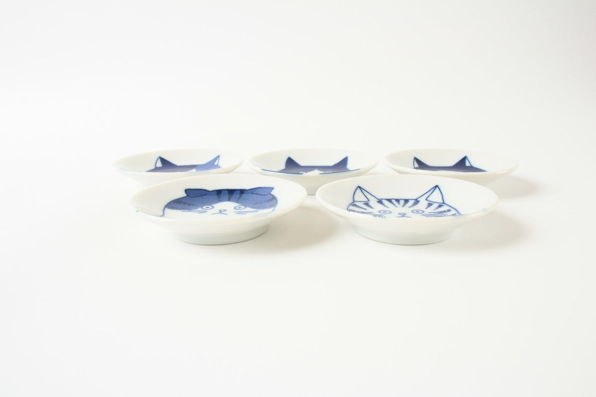 Mino ware Japan Ceramics Mini Round Plate / Dish Set of Five Japanese Cats Faces