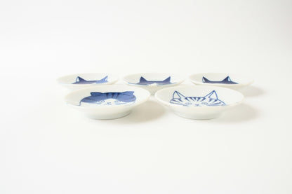 Mino ware Japan Ceramics Mini Round Plate / Dish Set of Five Japanese Cats Faces
