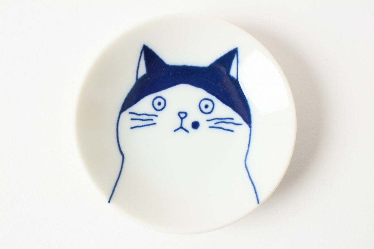 Mino ware Japan Ceramics Mini Round Plate / Dish Set of Five Japanese Cats Faces