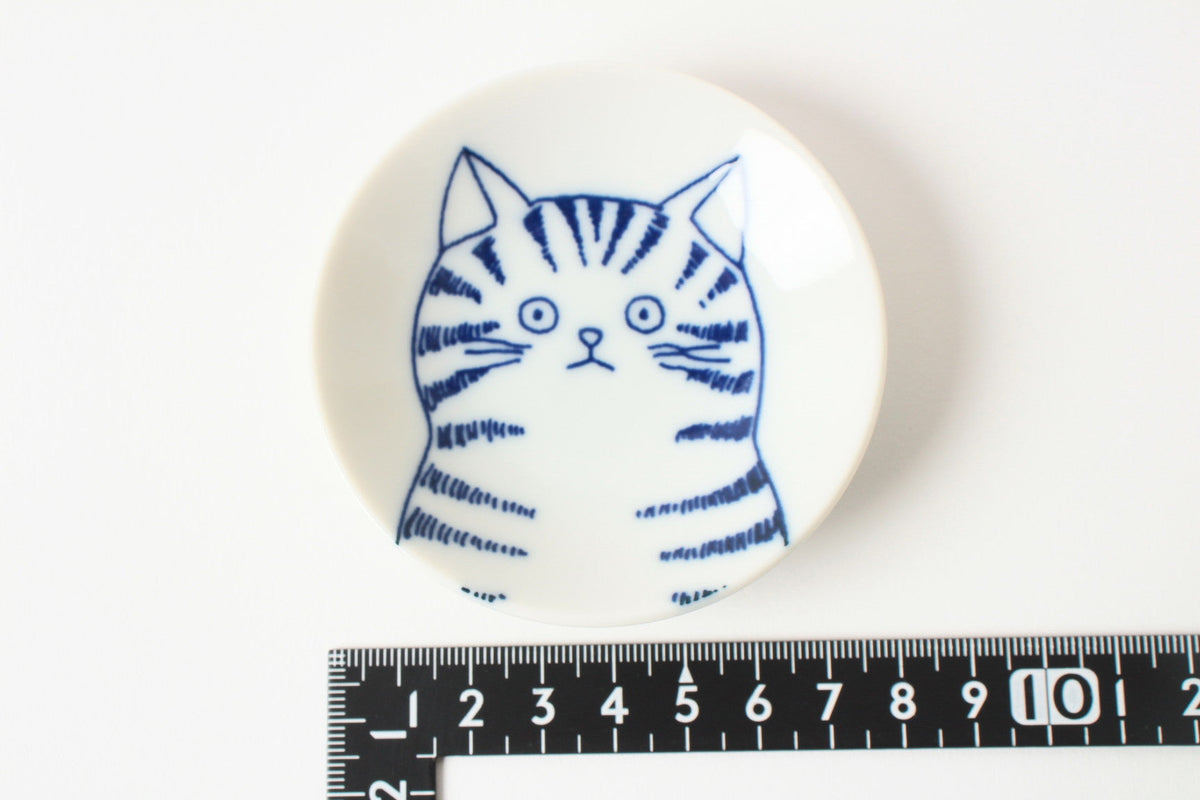 Mino ware Japan Ceramics Mini Round Plate / Dish Set of Five Japanese Cats Faces