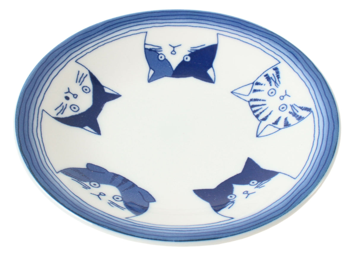 Mino ware Japan Ceramics 5.4 inch Round Plate / Dish Japanese Cats Faces