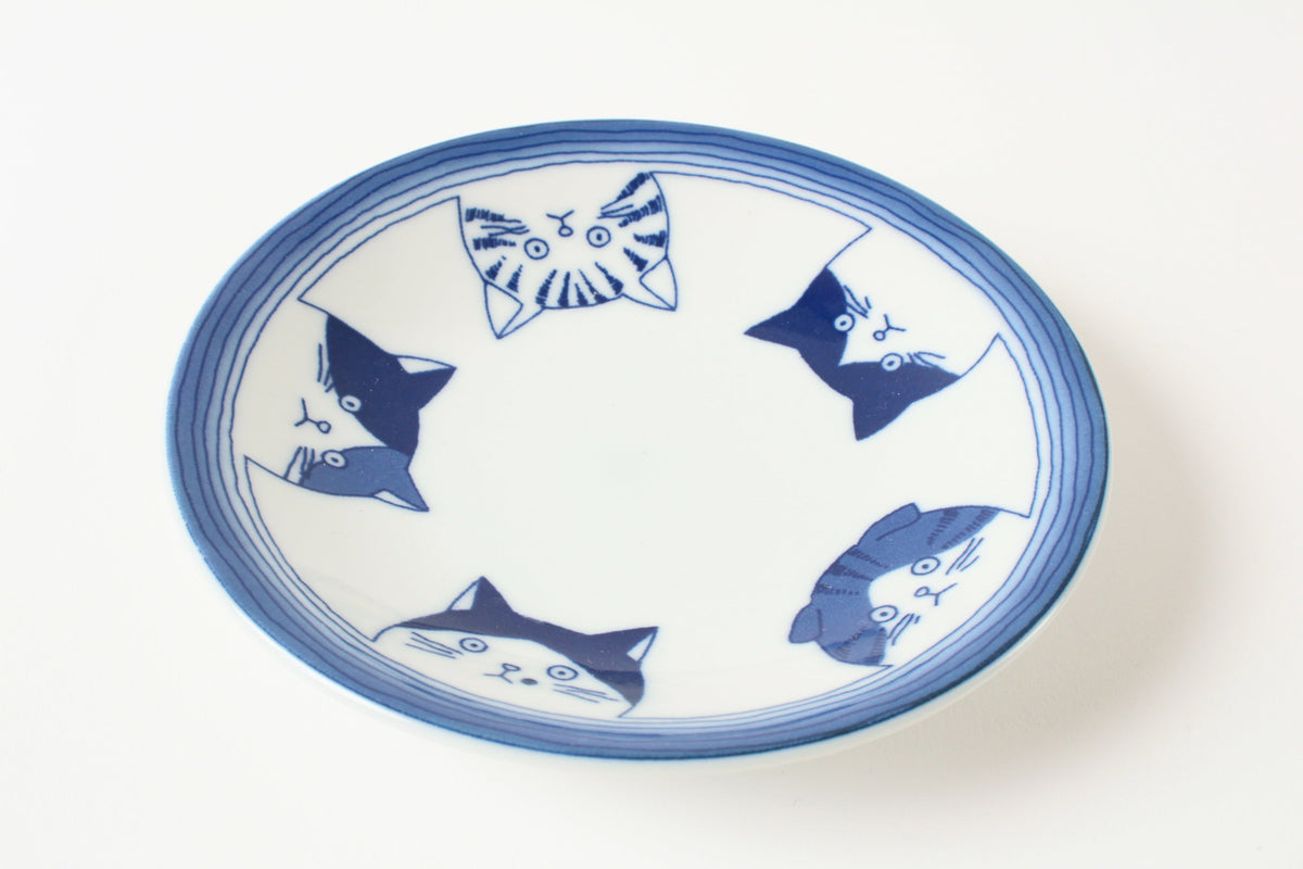 Mino ware Japan Ceramics 5.4 inch Round Plate / Dish Japanese Cats Faces