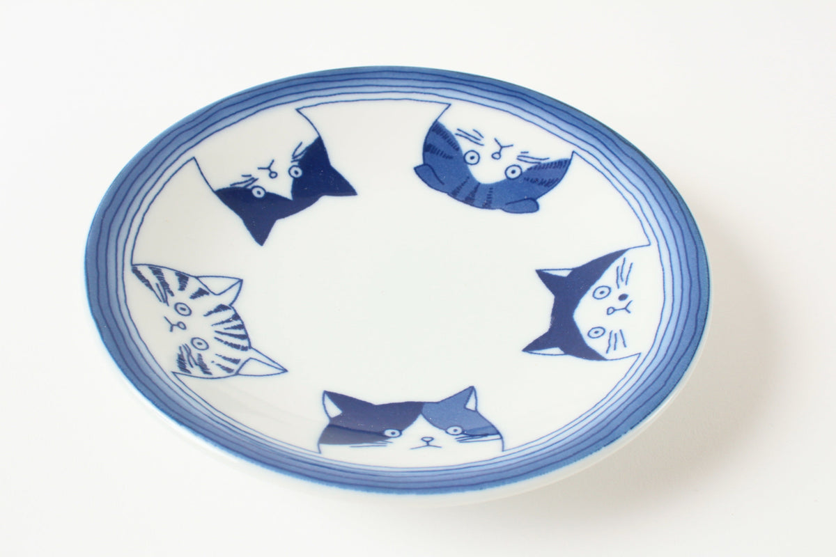 Mino ware Japan Ceramics 5.4 inch Round Plate / Dish Japanese Cats Faces
