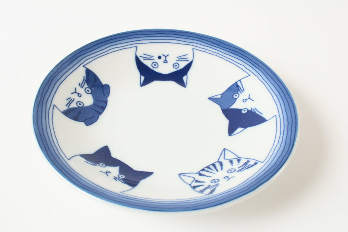 Mino ware Japan Ceramics 5.4 inch Round Plate / Dish Japanese Cats Faces