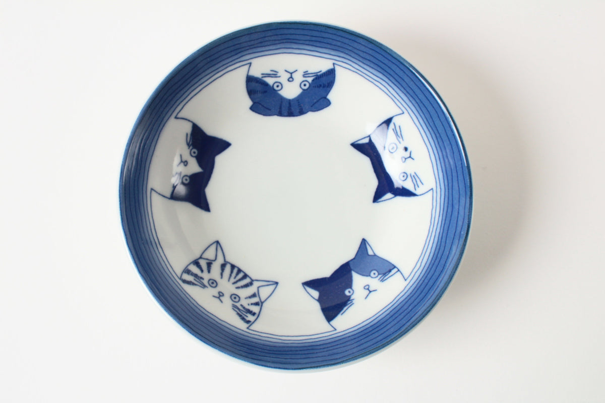 Mino ware Japan Ceramics 5.4 inch Deep Round Plate / Dish Japanese Cats Faces