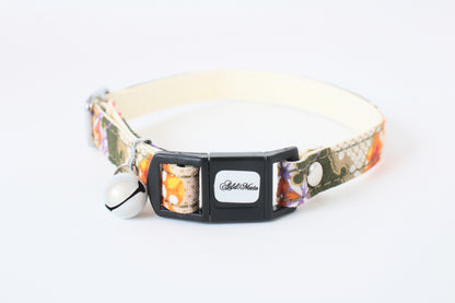 Cat Collar Japanese Sakura Cherry Blossom Pattern w/ a Bell Green, Breakaway buckle made in Japan