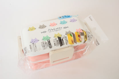 2-Tier Lunch Box, 4-side Lock Antibacterial Fluffy 20.3 fl oz (600 ml), w/ Cat Design Nekotto, Colorful, Made in Japan