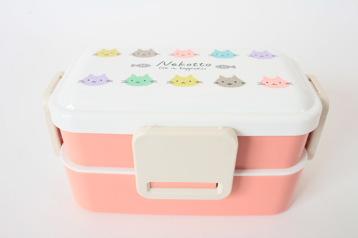 2-Tier Lunch Box, 4-side Lock Antibacterial Fluffy 20.3 fl oz (600 ml), w/ Cat Design Nekotto, Colorful, Made in Japan
