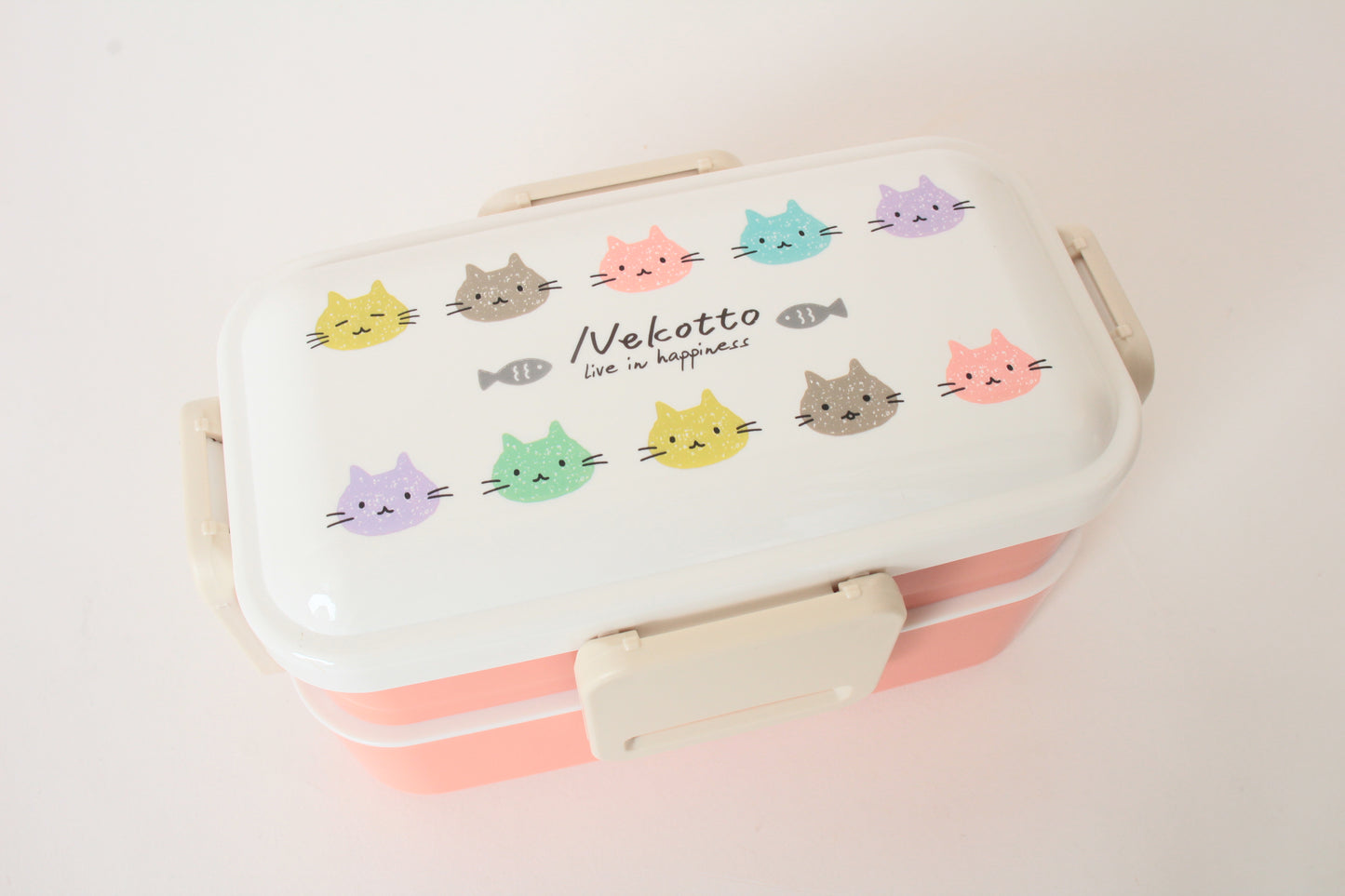 2-Tier Lunch Box, 4-side Lock Antibacterial Fluffy 20.3 fl oz (600 ml), w/ Cat Design Nekotto, Colorful, Made in Japan