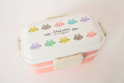 2-Tier Lunch Box, 4-side Lock Antibacterial Fluffy 20.3 fl oz (600 ml), w/ Cat Design Nekotto, Colorful, Made in Japan