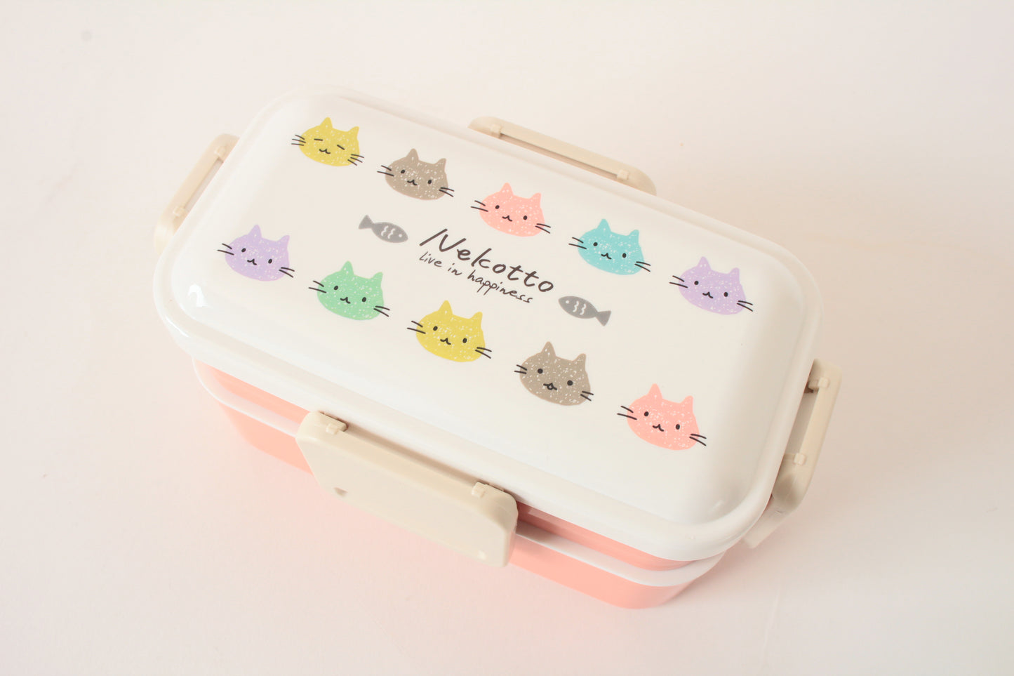 2-Tier Lunch Box, 4-side Lock Antibacterial Fluffy 20.3 fl oz (600 ml), w/ Cat Design Nekotto, Colorful, Made in Japan