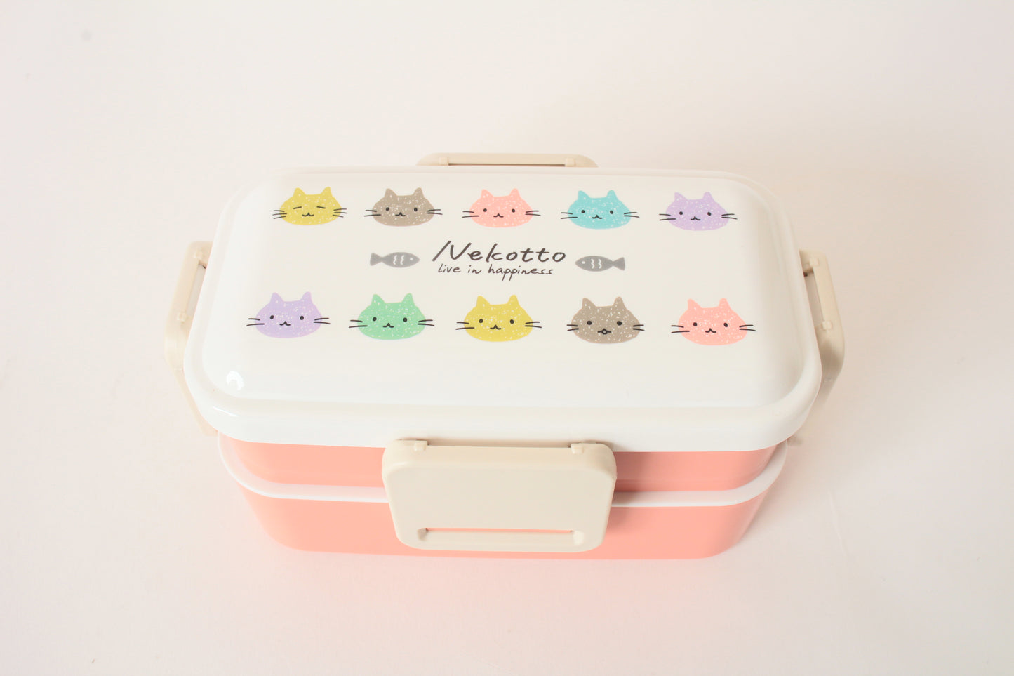 2-Tier Lunch Box, 4-side Lock Antibacterial Fluffy 20.3 fl oz (600 ml), w/ Cat Design Nekotto, Colorful, Made in Japan