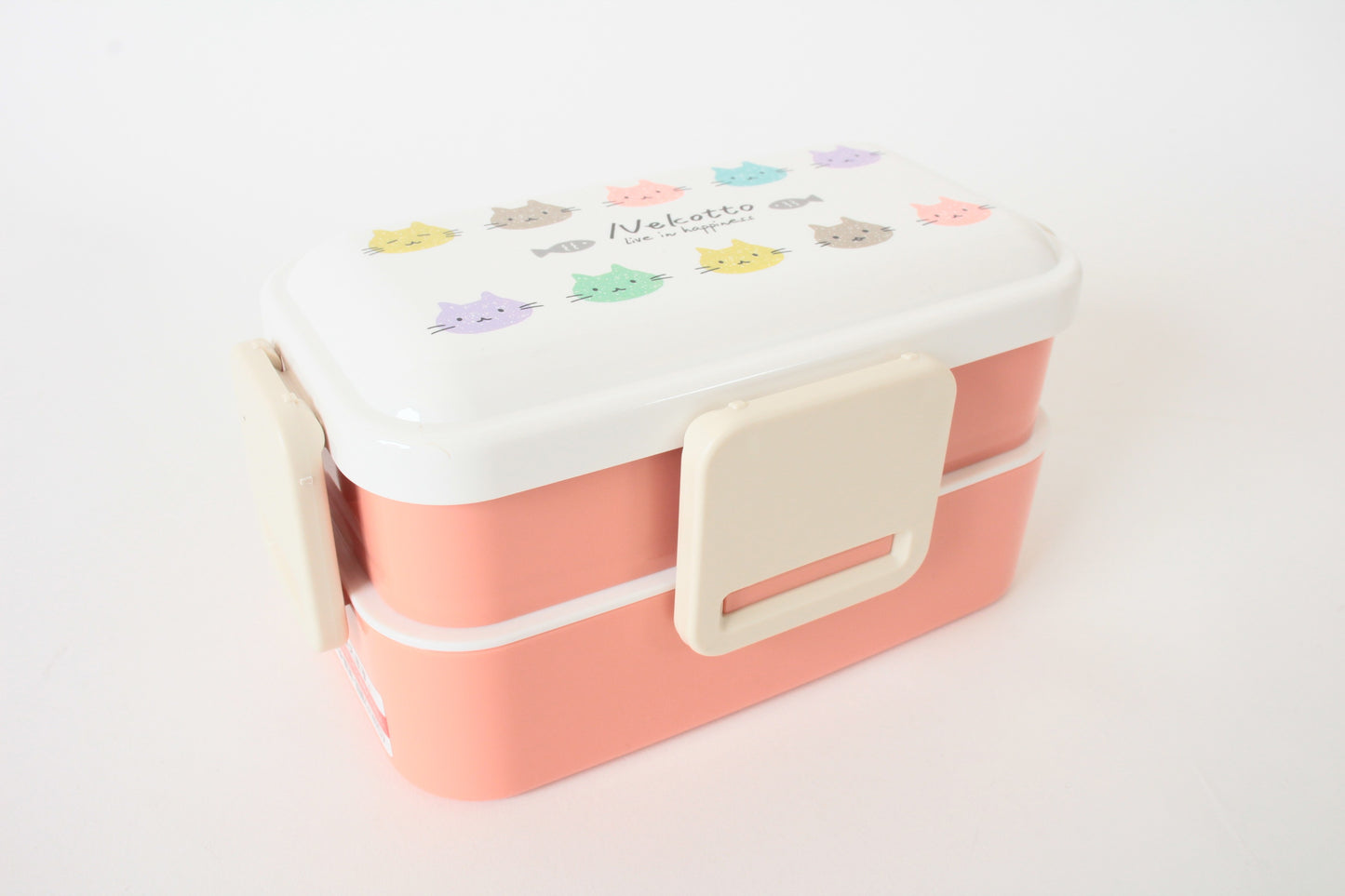 2-Tier Lunch Box, 4-side Lock Antibacterial Fluffy 20.3 fl oz (600 ml), w/ Cat Design Nekotto, Colorful, Made in Japan