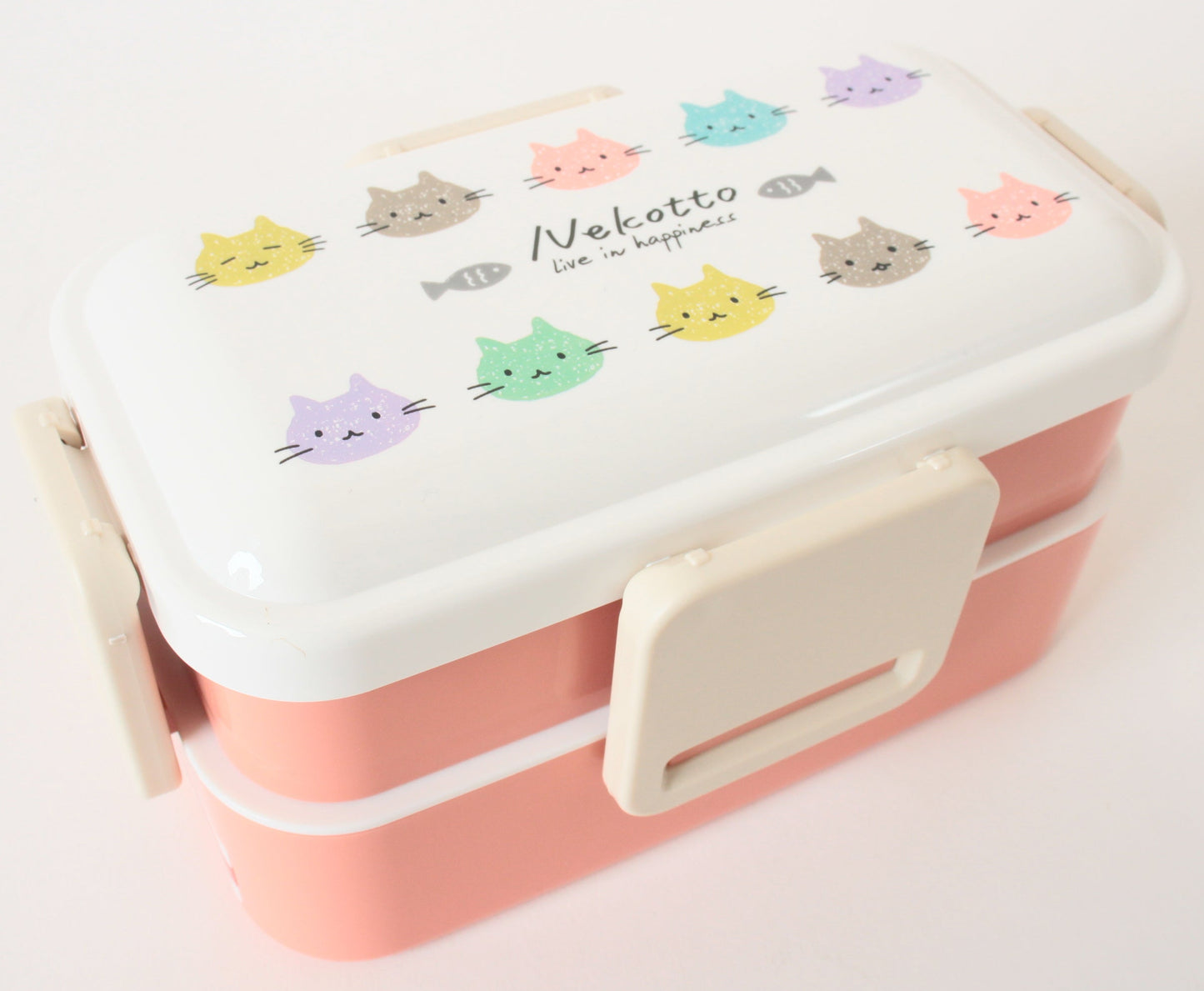 2-Tier Lunch Box, 4-side Lock Antibacterial Fluffy 20.3 fl oz (600 ml), w/ Cat Design Nekotto, Colorful, Made in Japan